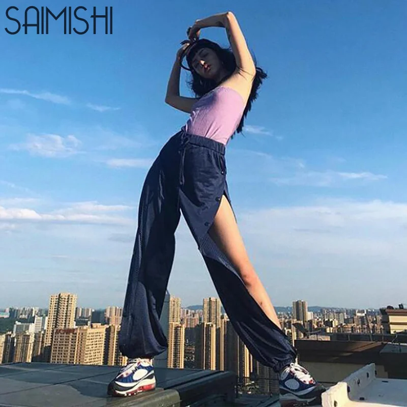 

Saimishi Mesh Eyelet Cut Out Breathable Women Jogger Drawstring Waist Trousers Fashion Snap Button Side Harem Pants Casual Pants