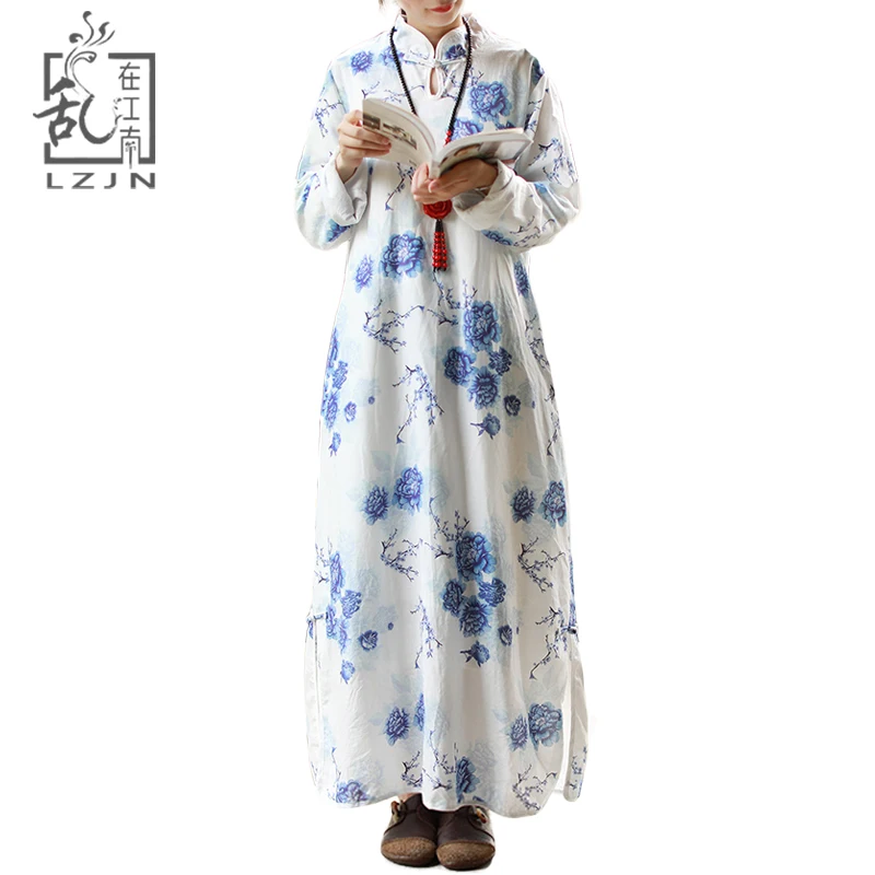

LZJN White Autumn Dress 2019 Long Sleeve Blue Floral Vintage Robe Ethnic Chinese Style Maxi Tunic Elegant Dress Shift Side Split