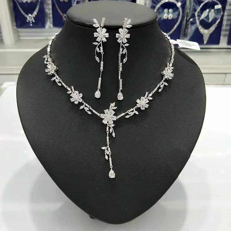 

Luxury Gorgeous Marquise Cluster Snow Flower Shape Bridal Jewelry Sets Cubic Zirconia Dangle & Long Earrings Jewelry Sets
