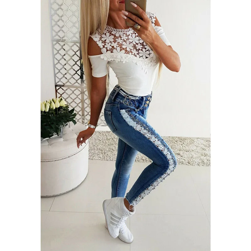 

Openwork Flower Splicing Off Shoulder Slim Short Sleeve T-Shirt Hollow Out Lace Women Sexy Tshirt SJ2711Y