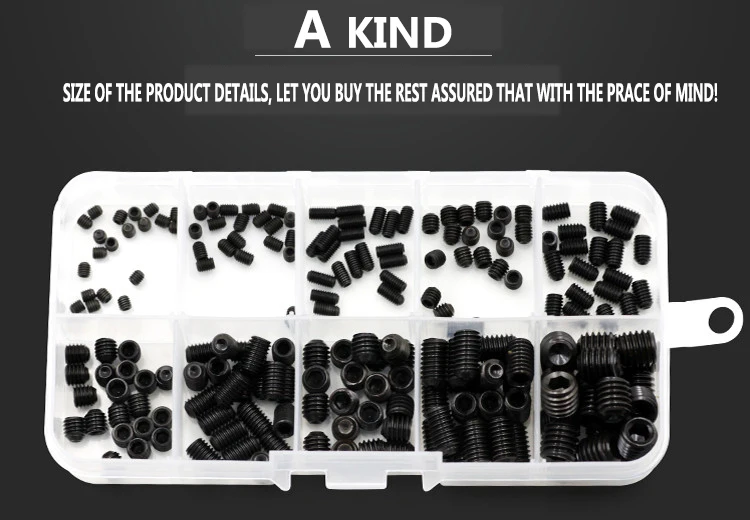 200-240PCS Box m3 m4 m5 m6 m8 set screws 12.9 grade set screw flat end flat within the six corners of the top wire set screws
200-240PCS Box m3 m4 m5 m6 m8 set screws 12.9 grade set screw flat end flat within the six corners of the top wire set screws