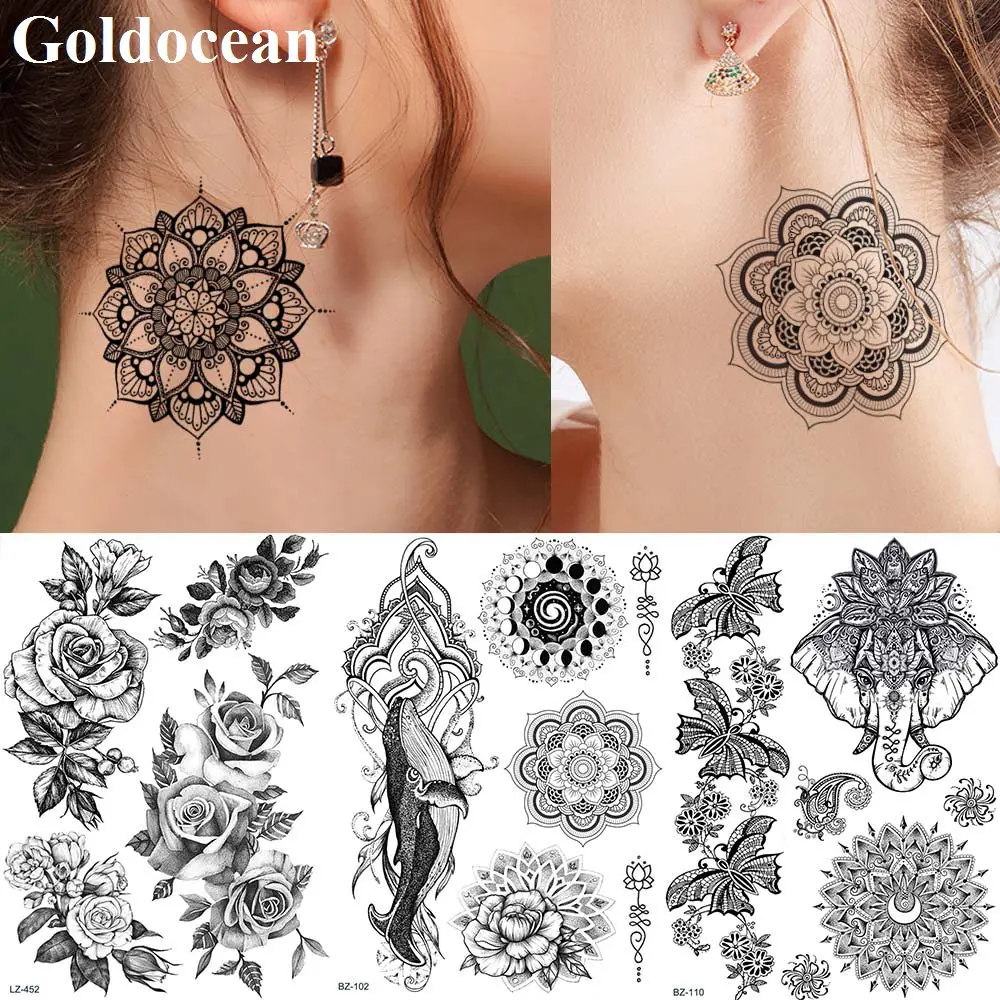 GoldOcean Sexy India Mandala Henna Floral Black Fake Tattoos Stickers Lace Gensha Whale Tattoo Temporary Body Ear 3D Wrist Tatto
GoldOcean Sexy India Mandala Henna Floral Black Fake Tattoos Stickers Lace Gensha Whale Tattoo Temporary Body Ear 3D Wrist Tatto
