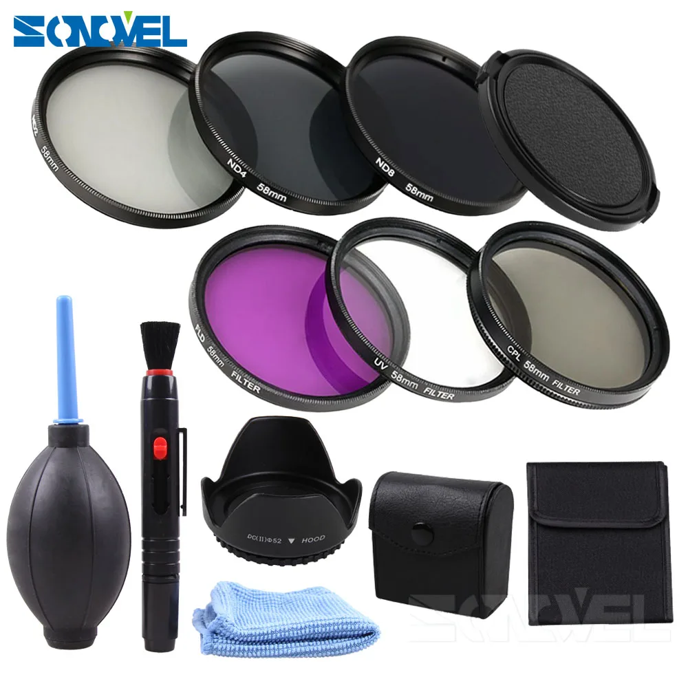 

49 52 55 58 62 67 72 77 82 mm UV CPL FLD ND2 ND4 ND8 Neutral Density Filter Kit +Lens hood+Cleaning kit For Canon Sony Nikon