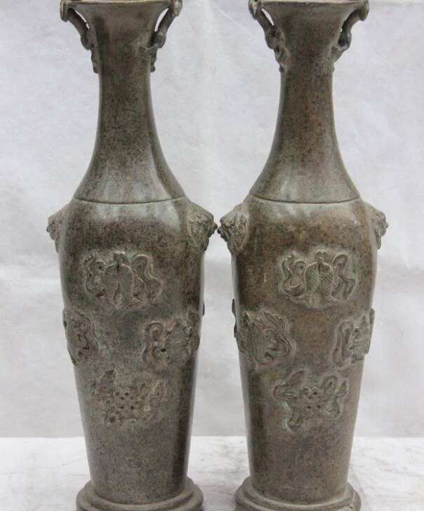 15 Chinese Bronze Copper Bat Lion Beast head Flower Vase Bottle Jardiniere Pair
15 Chinese Bronze Copper Bat Lion Beast head Flower Vase Bottle Jardiniere Pair