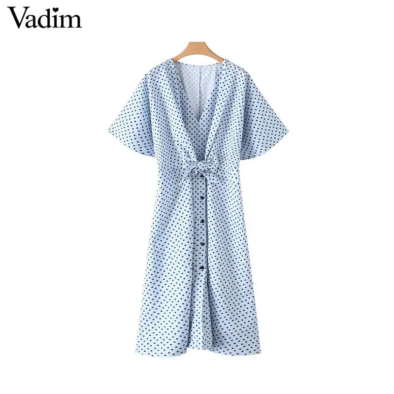 Vadim women retro polka dot midi dress V neck bow tie sashes elastic waist short sleeve vintage chic dresses Vestidos QB282
Vadim women retro polka dot midi dress V neck bow tie sashes elastic waist short sleeve vintage chic dresses Vestidos QB282