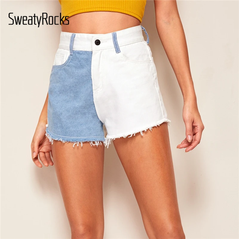 SweatyRocks Color Block Frayed Edge Denim Shorts Streetwear Casual Button Fly Shorts 2019 Summer Straight Leg Women Shorts
SweatyRocks Color Block Frayed Edge Denim Shorts Streetwear Casual Button Fly Shorts 2019 Summer Straight Leg Women Shorts