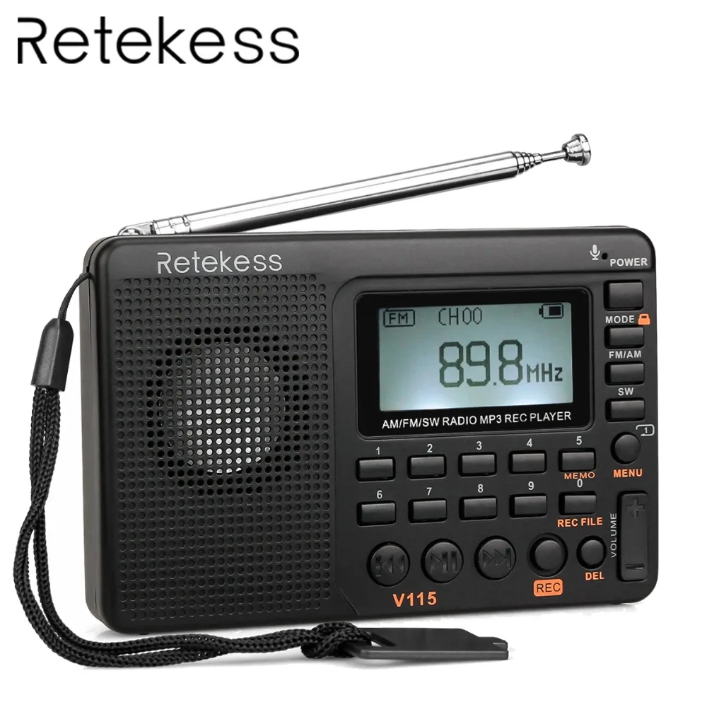 TIVDIO V-115 FM/AM/SW Radio Receiver Bass Sound MP3 Player REC Recorder Portable Radio with Sleep Timer F9205A