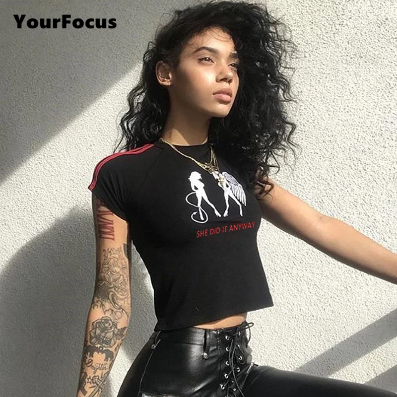 2018 summer sexy punk rok She did it anyway print Angel and devil cropped striped shoulder strap crop tops women tight t shirt
2018 summer sexy punk rok She did it anyway print Angel and devil cropped striped shoulder strap crop tops women tight t shirt