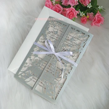 Silver Wedding Invites with White Ribbon Shimmy Tower Laser Cut Quinceanera Invitation Folded Wedding Party Invitation
Silver Wedding Invites with White Ribbon Shimmy Tower Laser Cut Quinceanera Invitation Folded Wedding Party Invitation