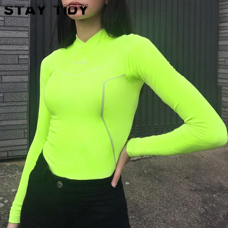 STAY TIDY Neon Green Letter Print Reflective Side Striped Skinny T Shirts 2019 Autumn Women Fashion Long Sleeve Streetwear Tops
STAY TIDY Neon Green Letter Print Reflective Side Striped Skinny T Shirts 2019 Autumn Women Fashion Long Sleeve Streetwear Tops