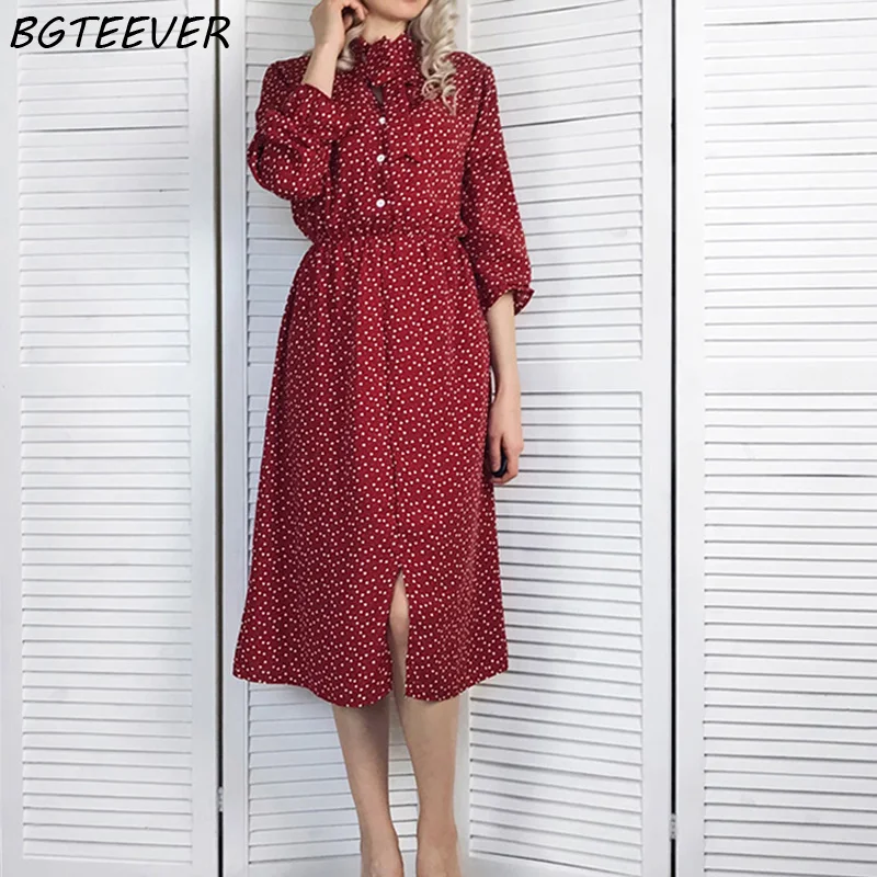 BGTEEVER Elegant Stand Collar Polka Dot Women Dress Flare Sleeve Side Split Female Dress 2019 Autumn Women Midi Vestidos
BGTEEVER Elegant Stand Collar Polka Dot Women Dress Flare Sleeve Side Split Female Dress 2019 Autumn Women Midi Vestidos