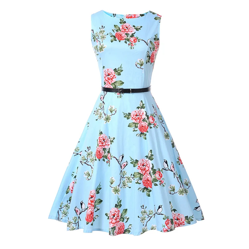 Kostlish Floral Print Summer Dress Women Sleeveless 50s Tunic Vintage Dress With Belt 2017 Elegant Swing Party Dresses Sundress (4)