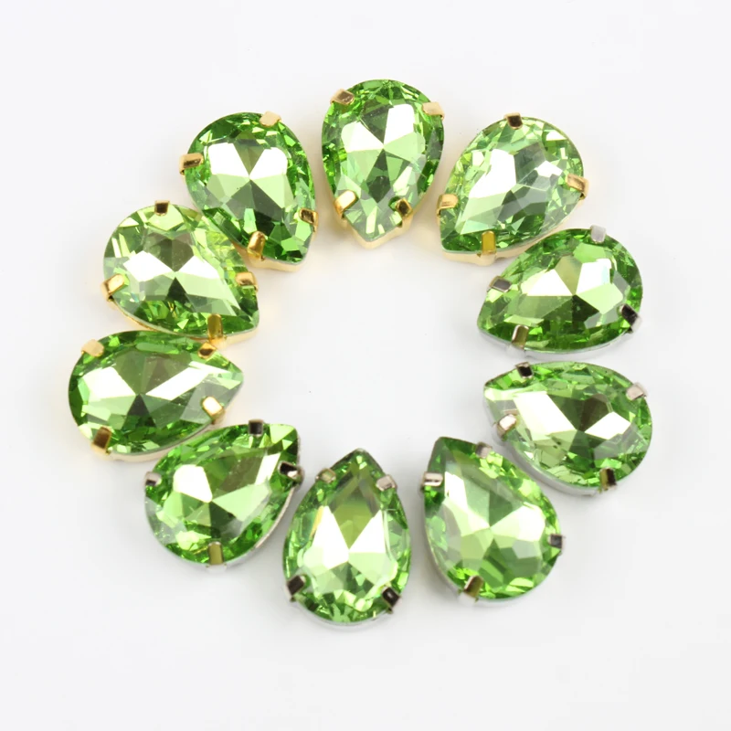 

Peridot 30pcs shinning water Drop Sew On gold/K silver claw crystal glass Rhinestone apply to Clothing Decoration for DIY 4 size