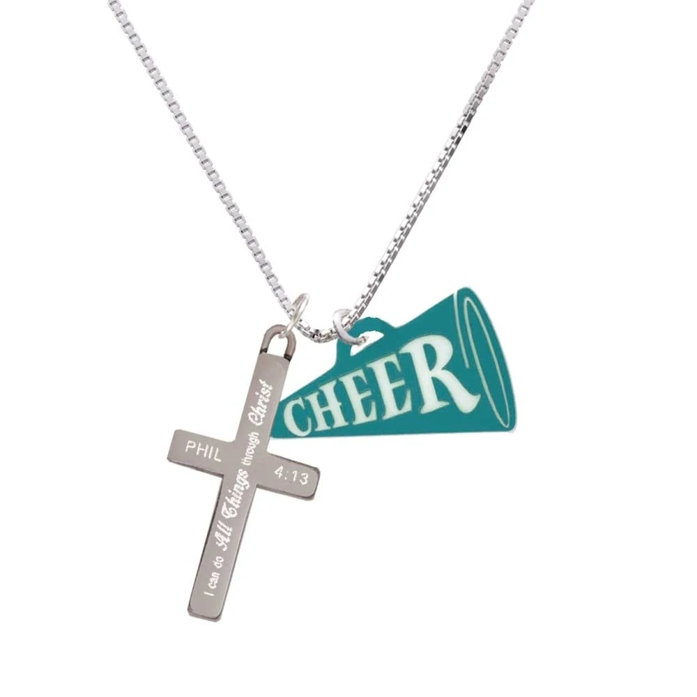 Acrylic 1.25 Teal Cheer Megaphone - I Can Do All Things - Cross Necklace