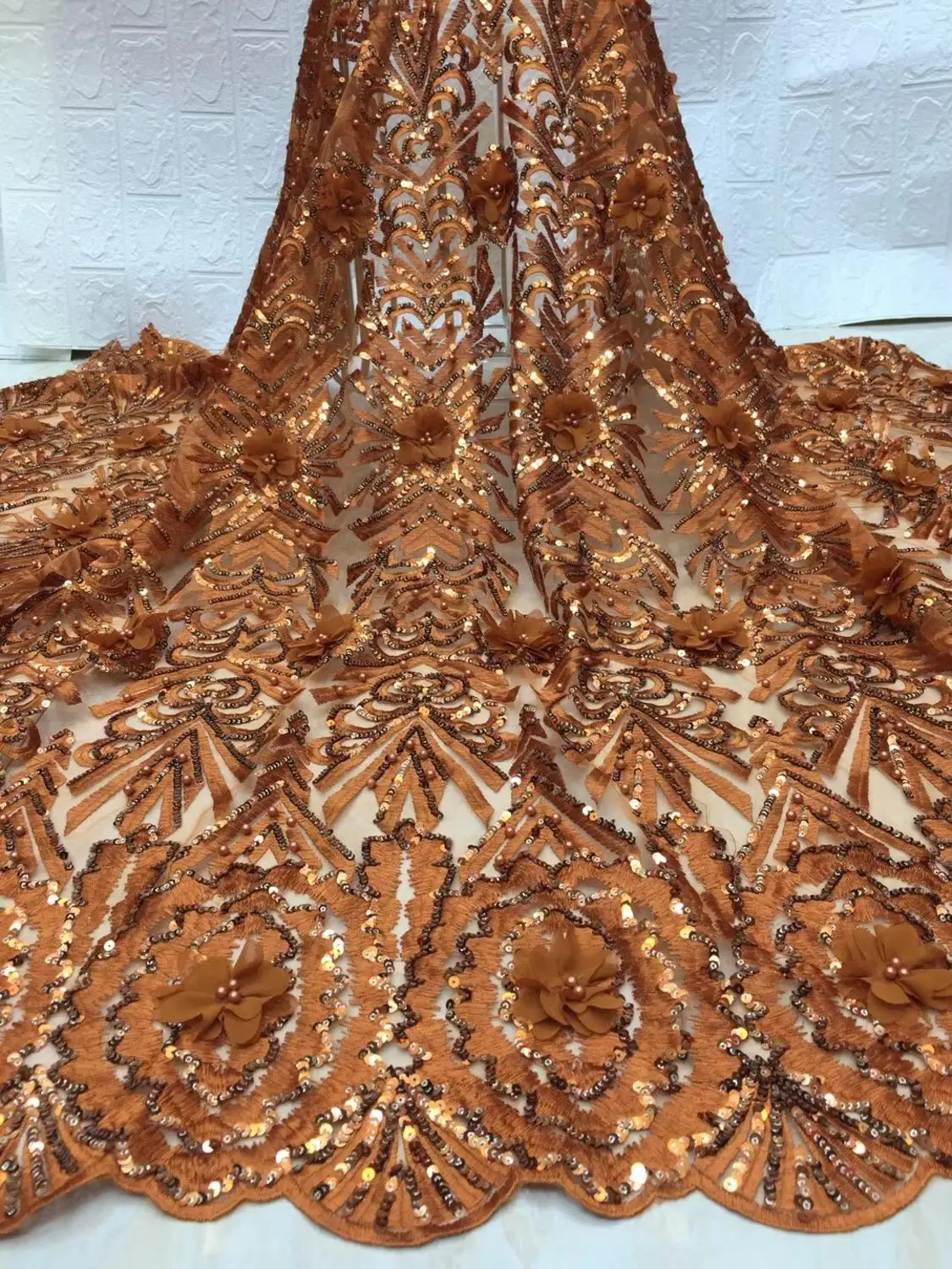 French lace fabric 5yds/pce burnt orange 3d petals sequins mesh fabrics women gorgeous luxury party event bright exclusive dress
French lace fabric 5yds/pce burnt orange 3d petals sequins mesh fabrics women gorgeous luxury party event bright exclusive dress