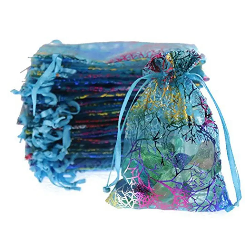 

20Pcs 7x9cm Organza Bag Colorful Coral Pattern Wedding Gift Bags Ribbon Tulle Drawstring Candy Bag Jewelry Pouches Party Favors