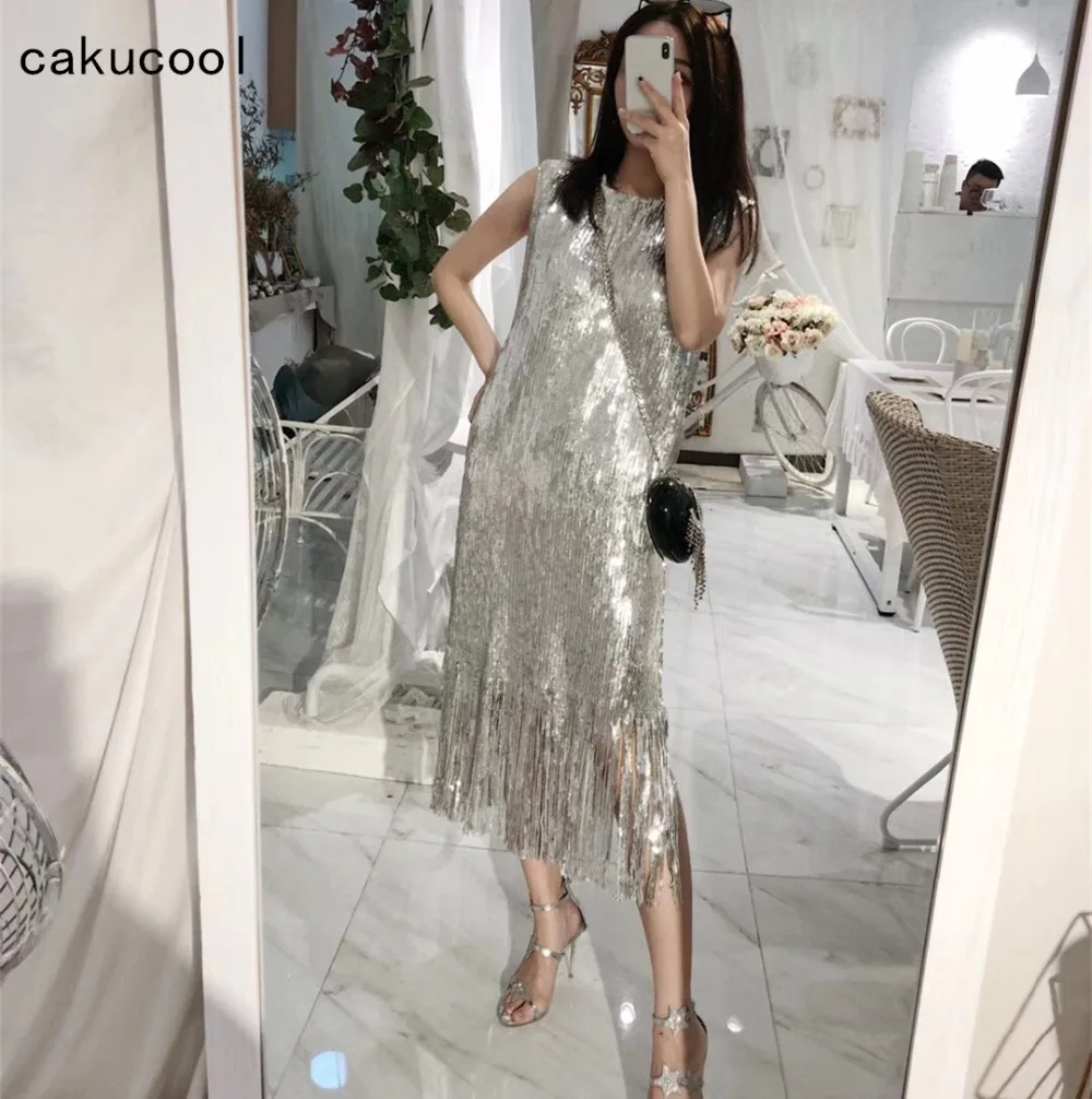 Cakucool Heavy Sequins Tassels Sundress Korean Design Round Neck Straight Long Shiny Silver Dress Sexy Evening Vestido
Cakucool Heavy Sequins Tassels Sundress Korean Design Round Neck Straight Long Shiny Silver Dress Sexy Evening Vestido