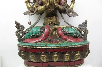 13Tibet Pure Bronze inlay beryl turquoise coral Four Armed Hands Kwan-Yin Buddha
13Tibet Pure Bronze inlay beryl turquoise coral Four Armed Hands Kwan-Yin Buddha