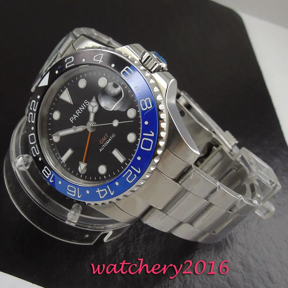

new 40mm Parnis black dial ceramic bezel sapphire glass date adjust GMT Automatic movement Men's business Watch