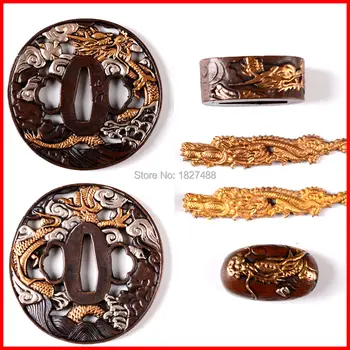 A Set Dragon Theme Metal Crafts Sword Accessory Tsuba Menuki Fuchi Kashira Brass Fittings for Japanese Samurai Sword Katana 
A Set Dragon Theme Metal Crafts Sword Accessory Tsuba Menuki Fuchi Kashira Brass Fittings for Japanese Samurai Sword Katana