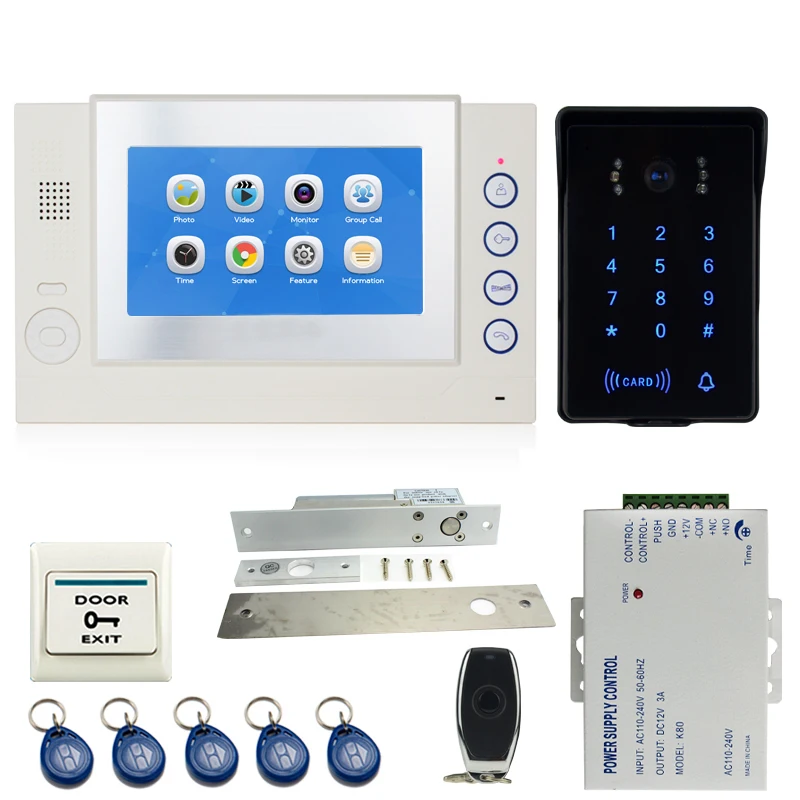 

JEX 7`` LCD Video Door Phone Doorbell Intercom system Kit 1 Voice/Video Record Monitor +700TVL Waterproof Password RFID Camera