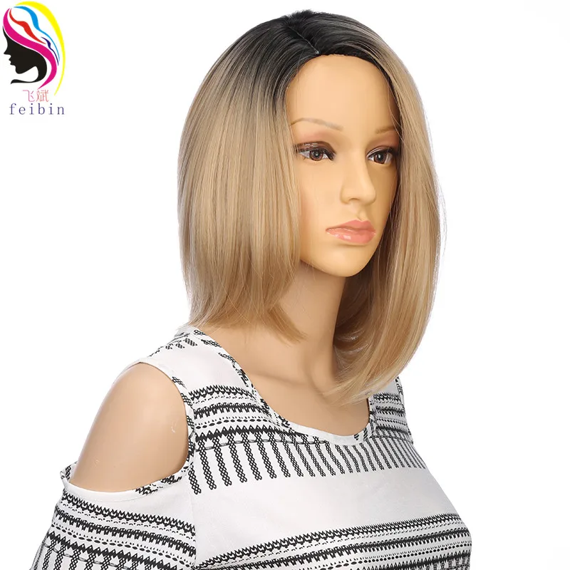 Фото Feibin Short Wigs For Black Women Synthetic BOBO Straight Ombre Blonde Wig High temperature Fiber D10 | Шиньоны и парики