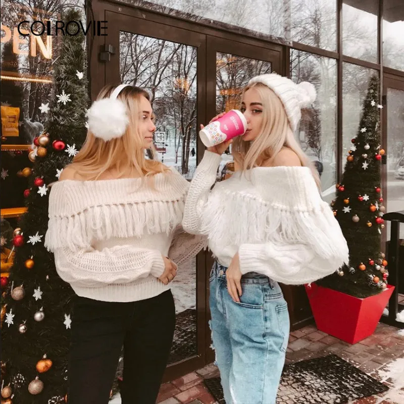 COLROVIE Beige Solid Off The Shoulder Fringe Sexy Knitted Sweater Autumn 2018 Streetwear Women Pullover Winter Jumper Sweaters
COLROVIE Beige Solid Off The Shoulder Fringe Sexy Knitted Sweater Autumn 2018 Streetwear Women Pullover Winter Jumper Sweaters