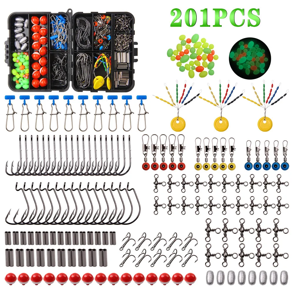 201pcs/box Fishing Tackle Box Lure Kit Set include float stopper space beans jig hooks floating ball 3 way swivels lead sinker
201pcs/box Fishing Tackle Box Lure Kit Set include float stopper space beans jig hooks floating ball 3 way swivels lead sinker