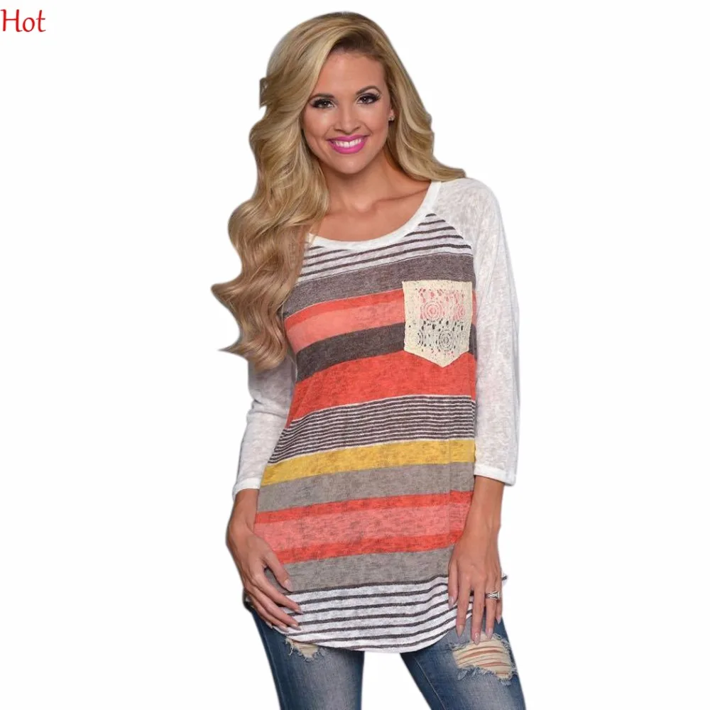 Fashion Stripes T Shirt Women Long Sleeve T-Shirt Sexy Loose Lace Embroidery Colorful Knitted Pocket Slim Novelty Top SV028156
Fashion Stripes T Shirt Women Long Sleeve T-Shirt Sexy Loose Lace Embroidery Colorful Knitted Pocket Slim Novelty Top SV028156