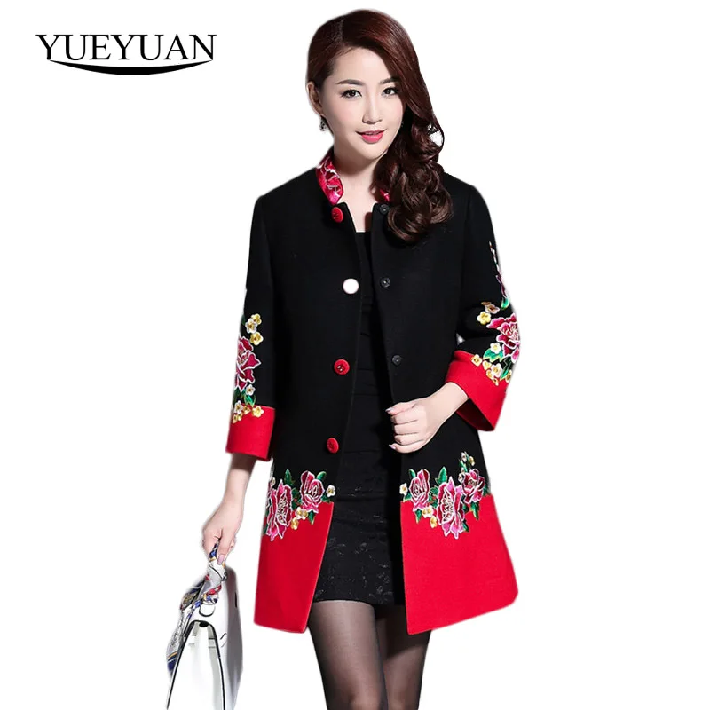 Image 2017 Winter Coat For Women Wool Fashion Embroidered Coats Mid Aged Chinese Red Floral Patterns Embroidery Cloak Plus Size M 5XL