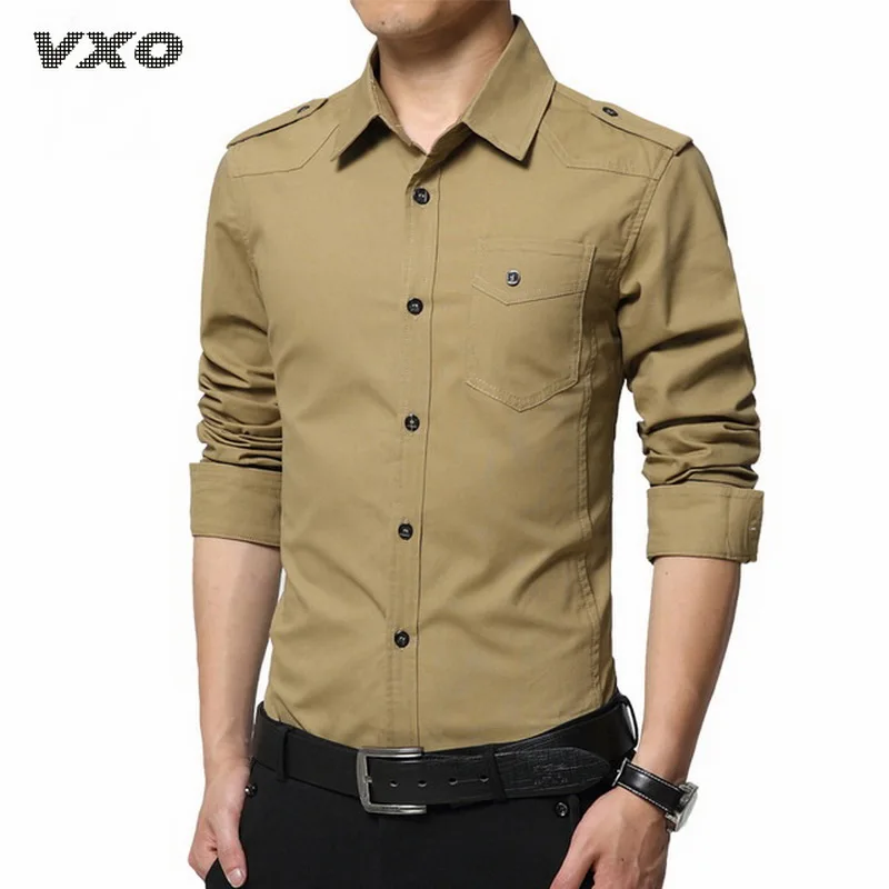 

VXO 2019 Men's Shirt Epaulette Fashion Full Sleeve Epaulet Shirt Military Style Cotton Army Green Shirts with epaulets