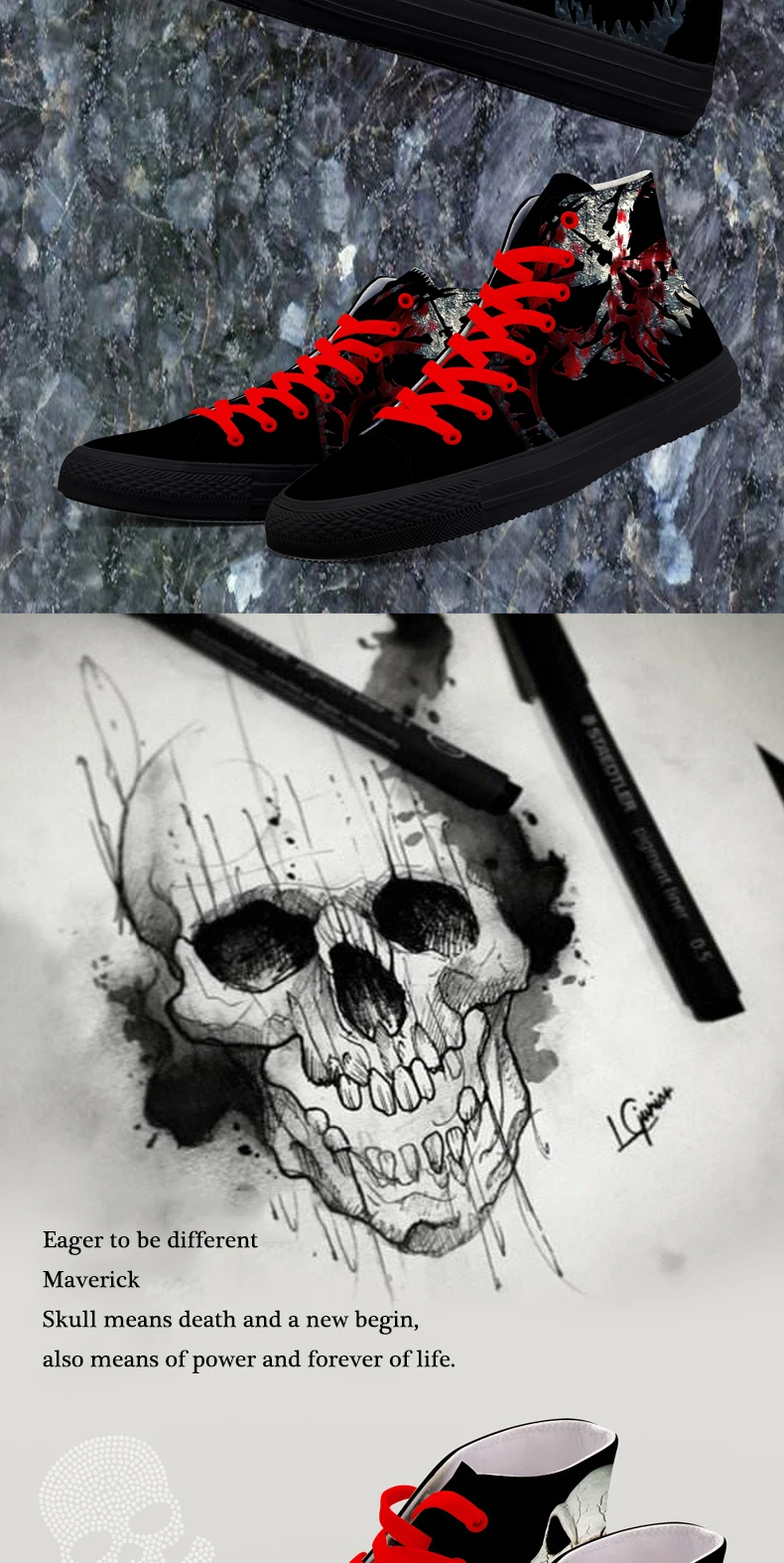 FIRST DANCE Casual Black Punk Skull High Top Shoes Men Classic High Canvas Shoes Fashion 3D Street Nice Printed Casual Shoes Men 8