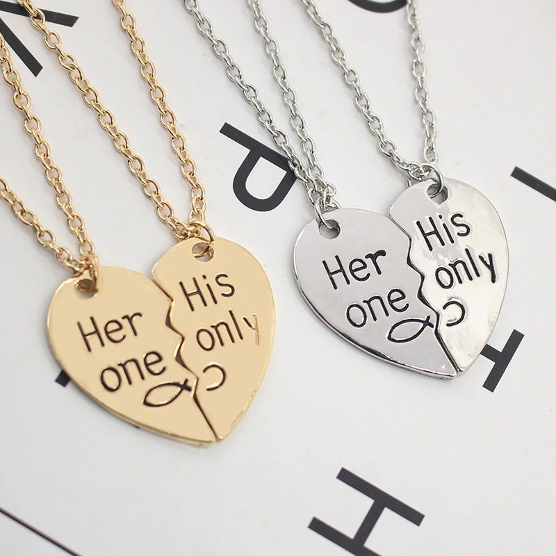 Trendy-Love-Heart-Love-Necklaces-For-Couples-Her-One-His-Only-Necklace-Alloy-Gold-Silver-Couple