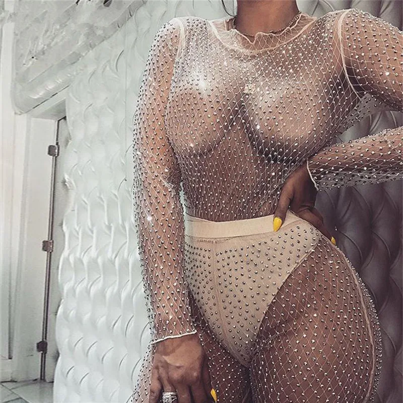 

BKLD Mesh Sheer Bodysuit Rompers Womens Jumpsuit Long Sleeve Beading See Through Clubwear Party Bodycon Jumpsuits 2019 Summer