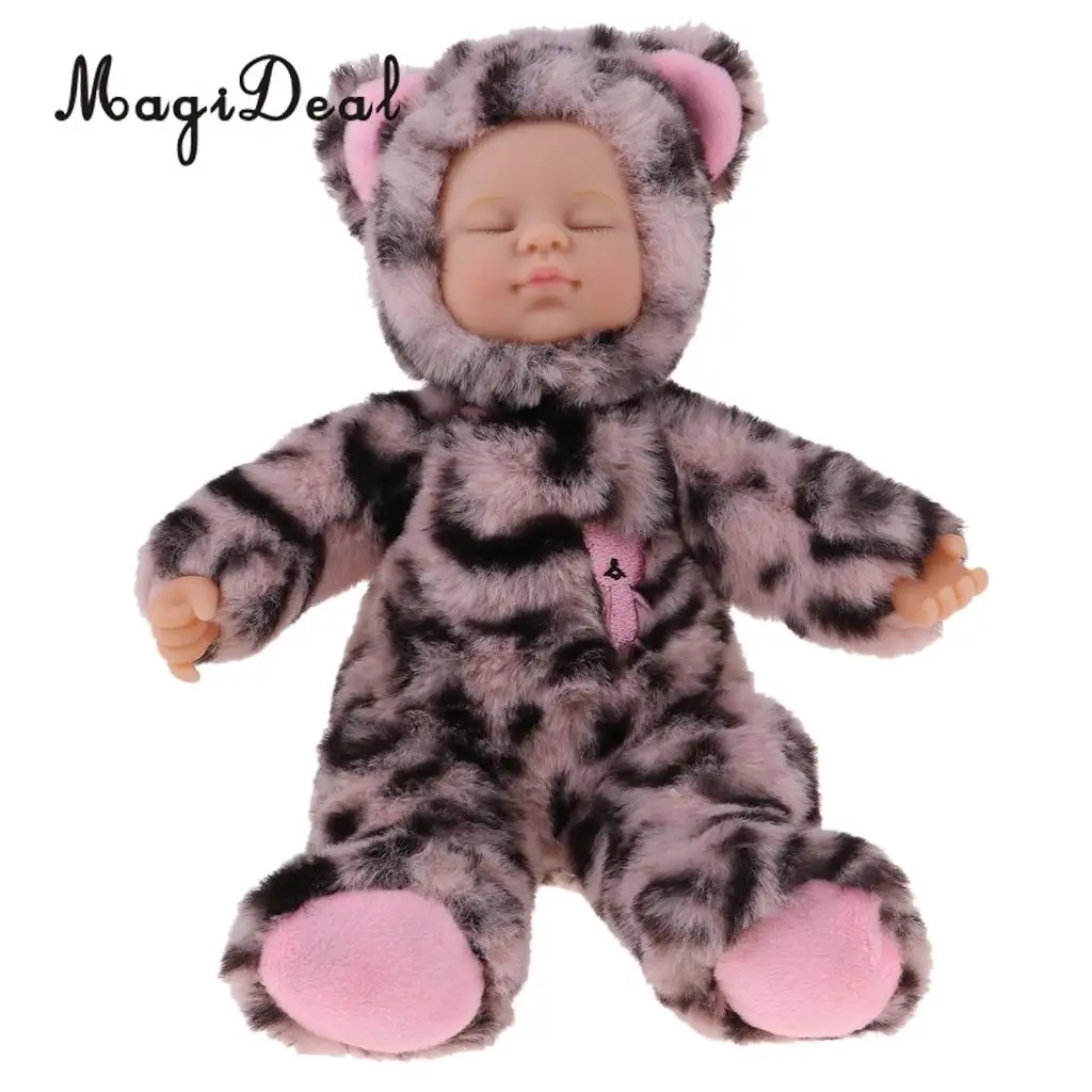 Cute Sleeping Baby Doll Stuffed Doll Leopard Print Clothes Kids Plush Toys For Christmas Gift Baby Doll Reborn Baby Kids Toys