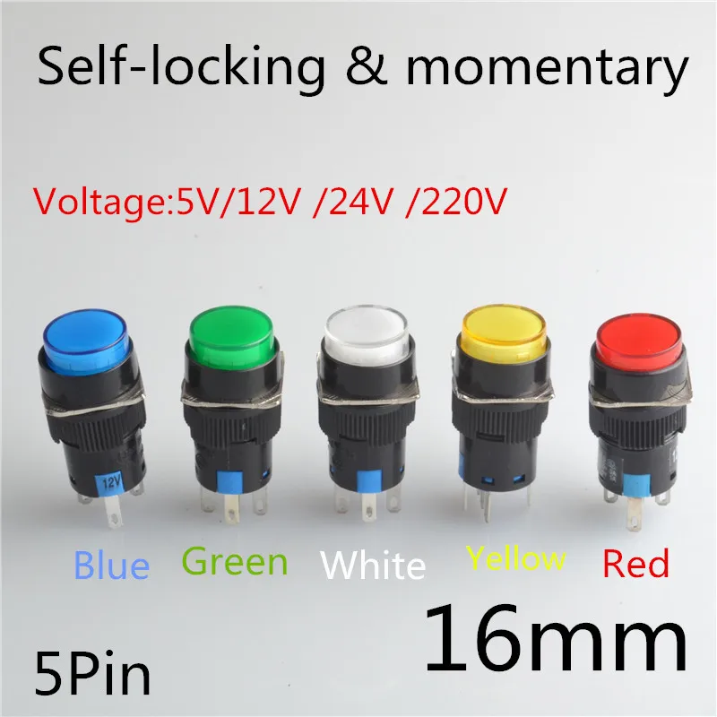 LA16 16mm 5 pins Round Push Button Switch with light Self-locking momentary push button switch
LA16 16mm 5 pins Round Push Button Switch with light Self-locking momentary push button switch