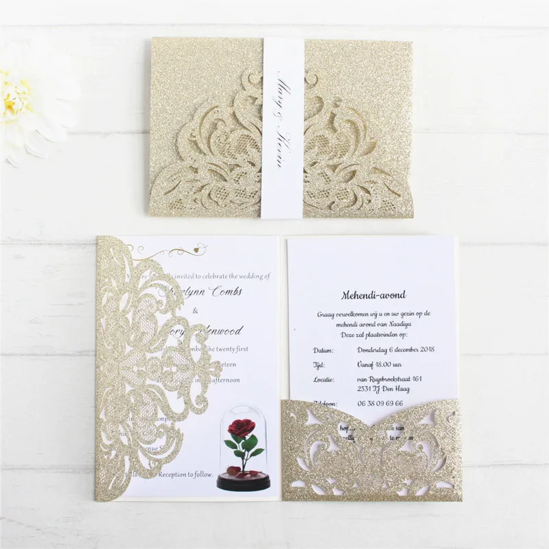 Glittery invitation anniversaire card with RSVP insert belly band luxury wedding cards pocket tri-folding personalized printing
Glittery invitation anniversaire card with RSVP insert belly band luxury wedding cards pocket tri-folding personalized printing