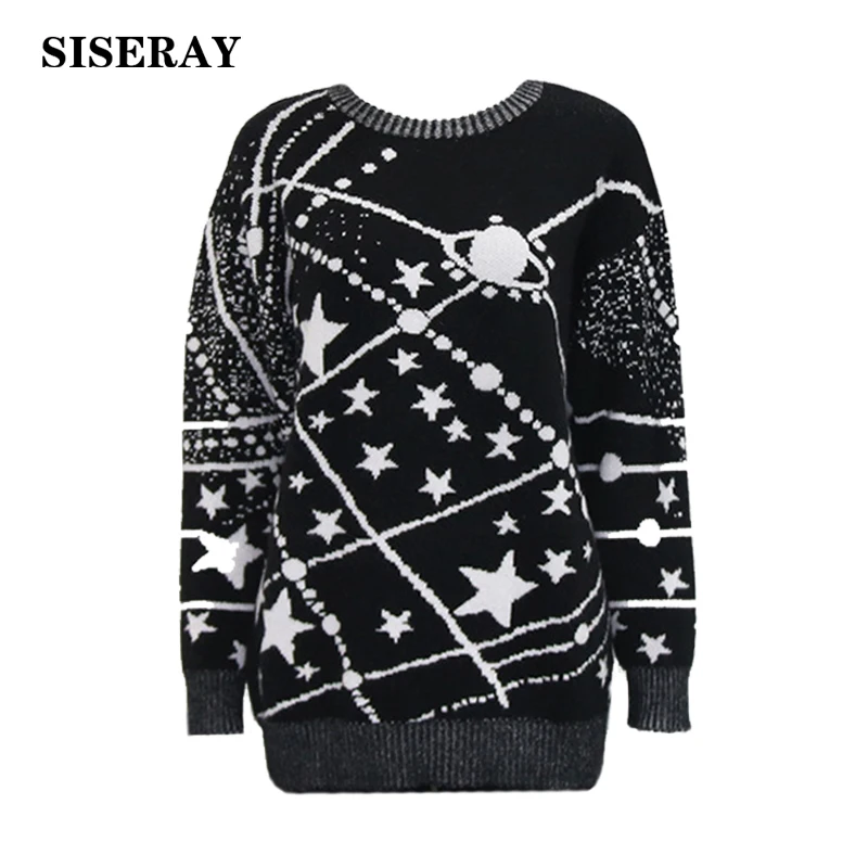 2018 мода галактика звезды принт шерстяной свитер женский Crewneck Свободные женские
