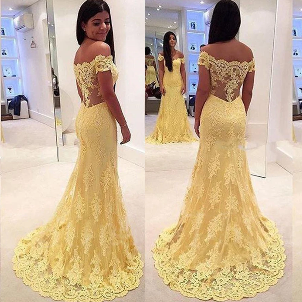 Mermaid Prom Dresses Long 2019 Off Shoulder Yellow Lace Appliqued with Sweep Train Formal Party Dress Vestido De Fiesta
Mermaid Prom Dresses Long 2019 Off Shoulder Yellow Lace Appliqued with Sweep Train Formal Party Dress Vestido De Fiesta