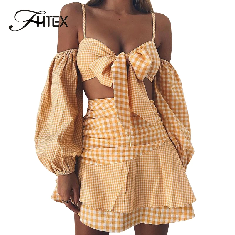 FHTEX Women Sweet Lantern Sleeve Bow Knot Crop Top and Dress Suit Fashion Slim Casual Summer Dress 2 Piece Set Plaid Beach Dress
FHTEX Women Sweet Lantern Sleeve Bow Knot Crop Top and Dress Suit Fashion Slim Casual Summer Dress 2 Piece Set Plaid Beach Dress