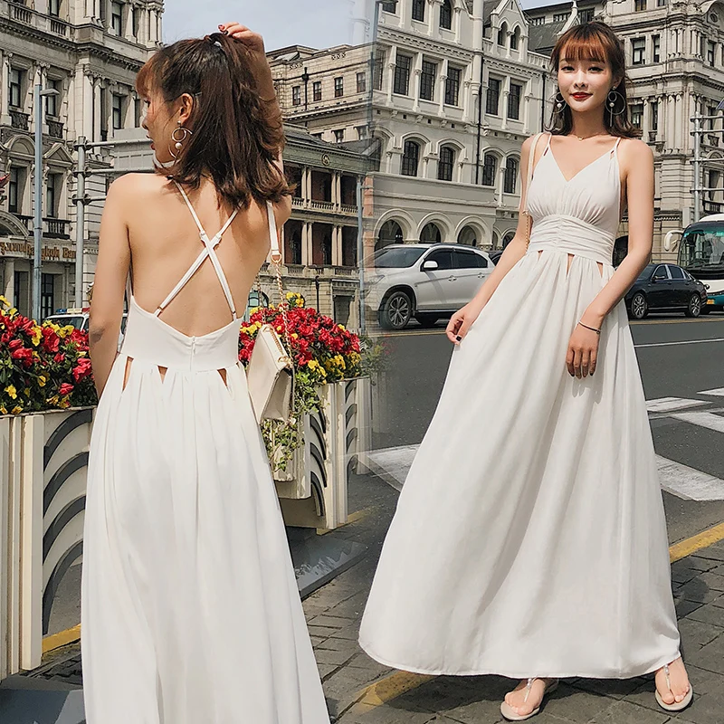 Sexy Backless Overlapping Maxi Dress Women Sapeghtti Strap V Neck Hollow Out Summer Dress 2019 White Chiffon Beach Long Dress
Sexy Backless Overlapping Maxi Dress Women Sapeghtti Strap V Neck Hollow Out Summer Dress 2019 White Chiffon Beach Long Dress