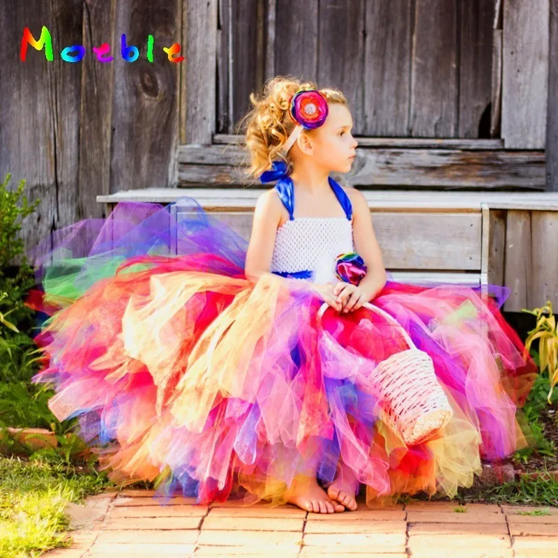 Фото Красивое Радужное платье-пачка для девочек со съемным поясом детский костюм