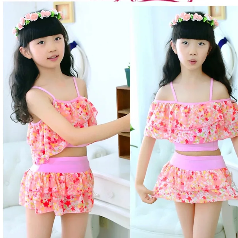 Girls Two Pieces Suits For Swimming Children Polyester Swimwear Kids Floral Bathing Suit Swim Wear Big Girl Swimsuits 3-15 Years 4