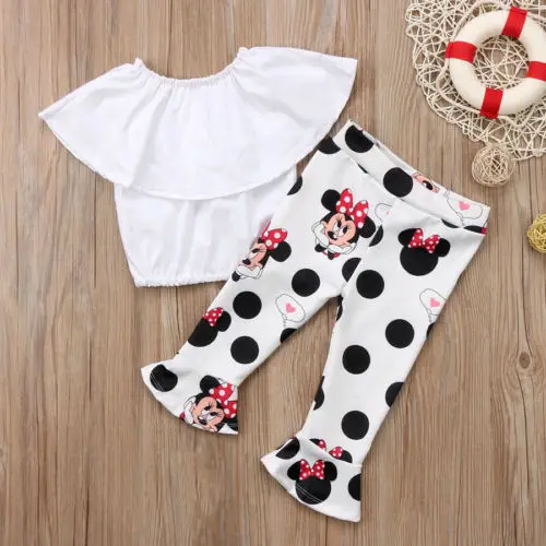 Hot Sell Toddler Kids Girls Off Shoulder Tops Cute Minnie Bell-Bottom Pants Outfit Set Summer Sunsuit
Hot Sell Toddler Kids Girls Off Shoulder Tops Cute Minnie Bell-Bottom Pants Outfit Set Summer Sunsuit