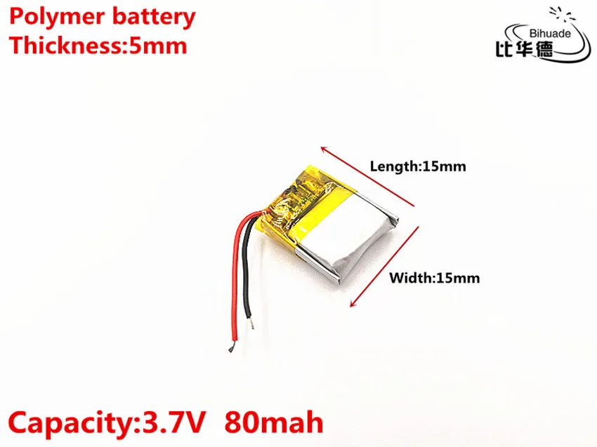 3.7V 80mAH 501515 Polymer lithium ion / Li-ion Rechargeable battery for DVR,GPS,mp3,mp4
3.7V 80mAH 501515 Polymer lithium ion / Li-ion Rechargeable battery for DVR,GPS,mp3,mp4