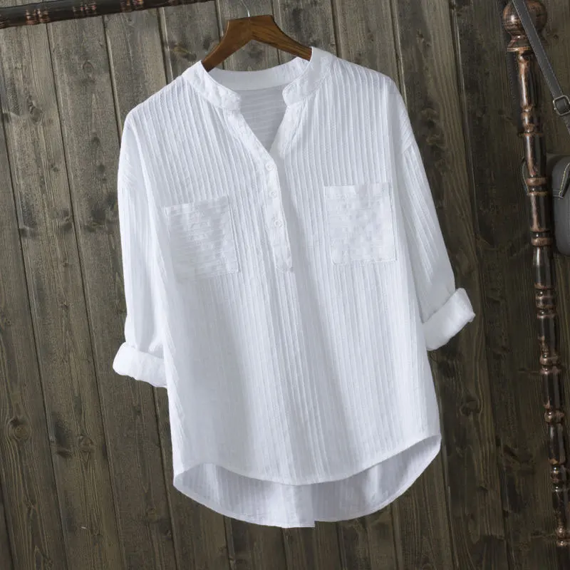 New Autumn Women Shirt Long Sleeve Loose V-neck White Blouse Double Pockets Casual Ladies Blouses 100% Cotton Shirts Tops D76
New Autumn Women Shirt Long Sleeve Loose V-neck White Blouse Double Pockets Casual Ladies Blouses 100% Cotton Shirts Tops D76