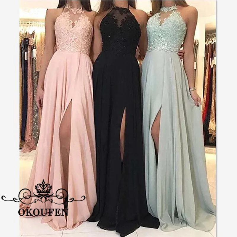 Side Split Bridesmaid Dresses With Lace Top and Chiffon Skirt Beads Appliques Long A Line Halter Wedding Guest Dress Party Gown
Side Split Bridesmaid Dresses With Lace Top and Chiffon Skirt Beads Appliques Long A Line Halter Wedding Guest Dress Party Gown