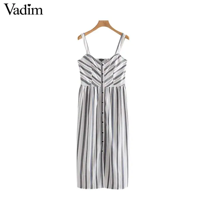 Vadim women striped floor length dress V neck sleeveless spaghetti straps button casual female summer dresses vestidos QC120
Vadim women striped floor length dress V neck sleeveless spaghetti straps button casual female summer dresses vestidos QC120