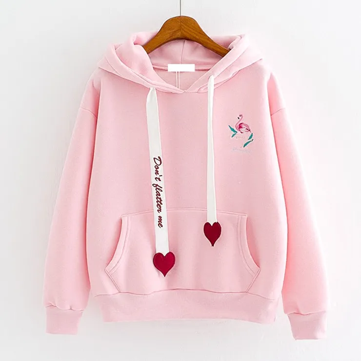 2018 Autumn Spring Hoodies Sweatshirts Women Hoody Flamingo Embroidery Sweatshirt Female Casual Fashion Hearts Sudaderas Mujer (1)