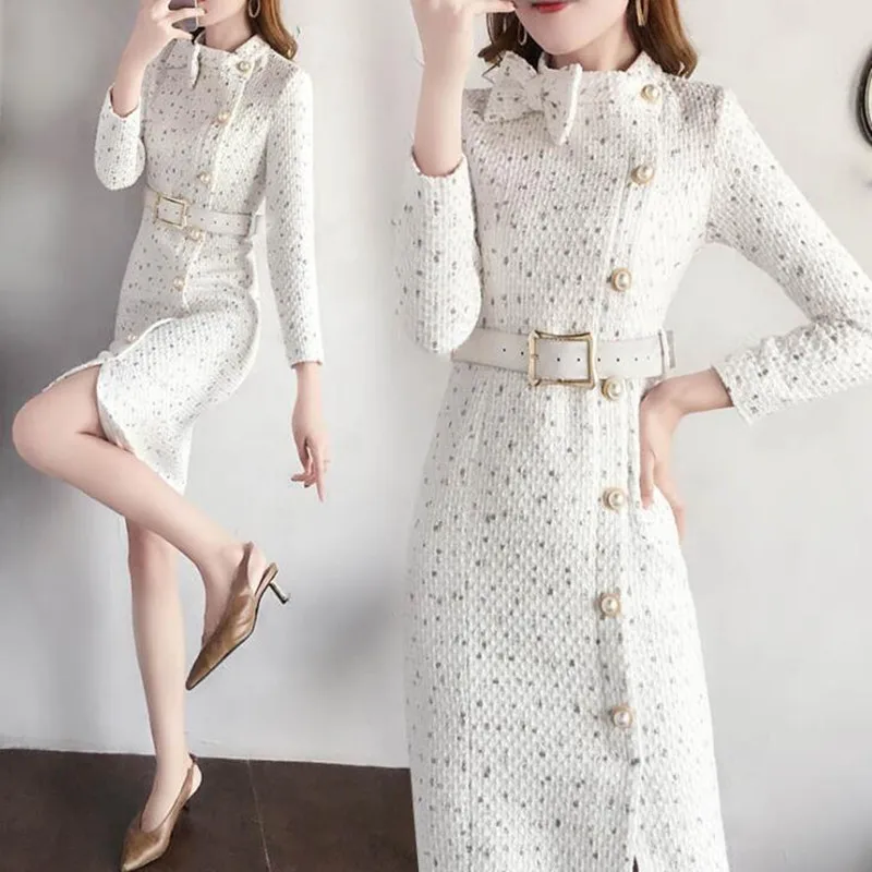 Dress Women Elegant Formal Wear Office Lady Tweed Woolen Dress Long Sleeve Autumn Winter Slim Business Work Dresses With Belt
Dress Women Elegant Formal Wear Office Lady Tweed Woolen Dress Long Sleeve Autumn Winter Slim Business Work Dresses With Belt